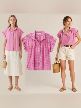 Trovata Birds of Paradis Marianne Ruffle Sleeve Shirt Pink Check Gingham Barbie